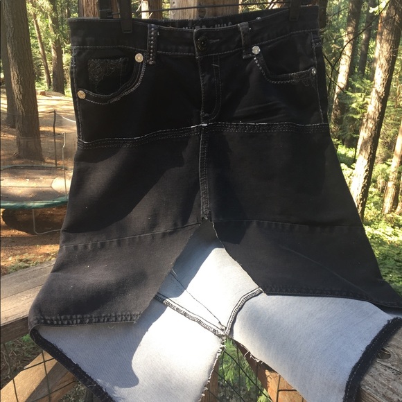 Hand Crafted Dresses & Skirts - Kreativekristen upcycled stretchy black denim hem boho asymmetric skirt